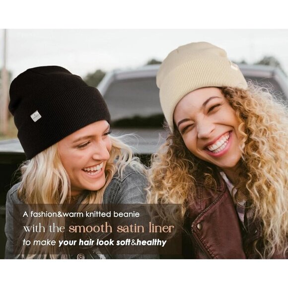 ?Yanibest Women Black Satin Lined Knit Beanie Silk Soft Slouchy Warm Cuffed Hat